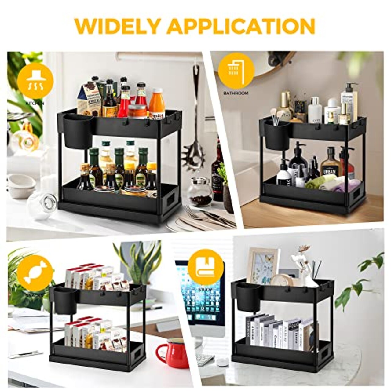 2 Pack Pull Out Under Sink Organizer 2 Tier Multi Purpose  For Bathroom Kitchen Sink Storage Organizer With Hook & Hanging Cup Matte Black Sliding Cabinet Organizer